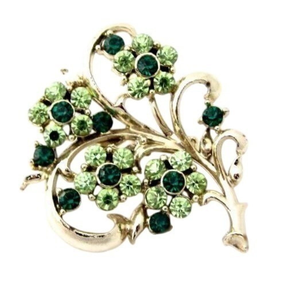 Vintage Shades of‎ Green Rhinestone Flower Bouquet Floral Gold Brooch Pin